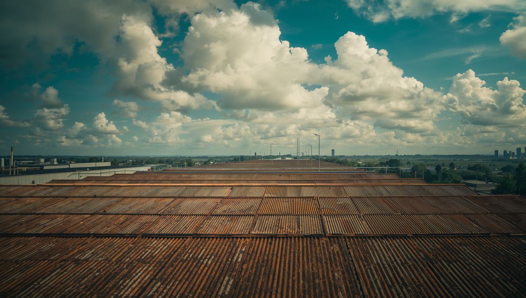 Expansive Rusted Corrugated Metal Rooftop City's Edge