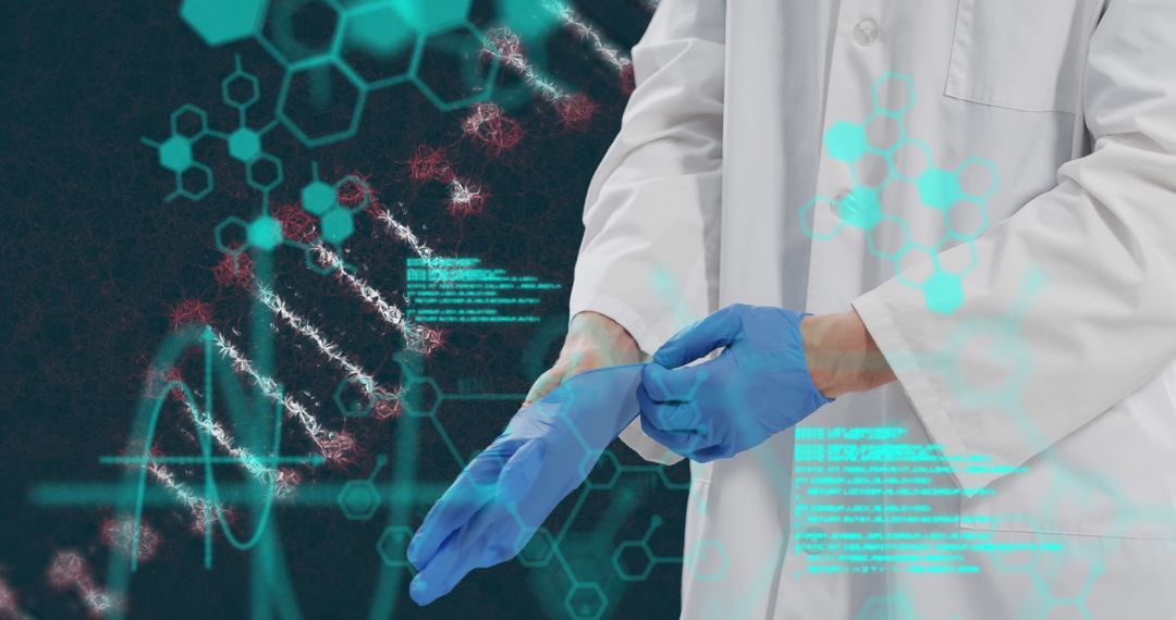 Doctor Preparing with Gloves and DNA Sequence Overlay