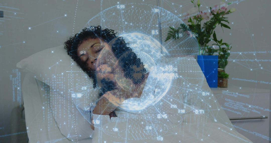 Serene Mature Woman Resting in Bed with Holographic Globe Projection