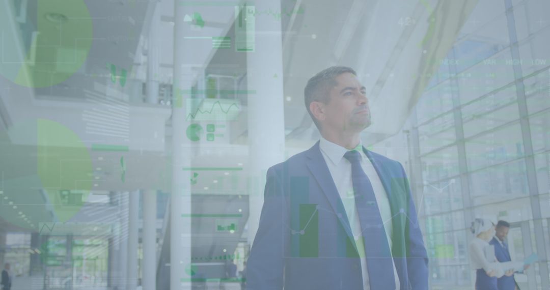 Confident Businessman Surrounded by Digital Data Interface