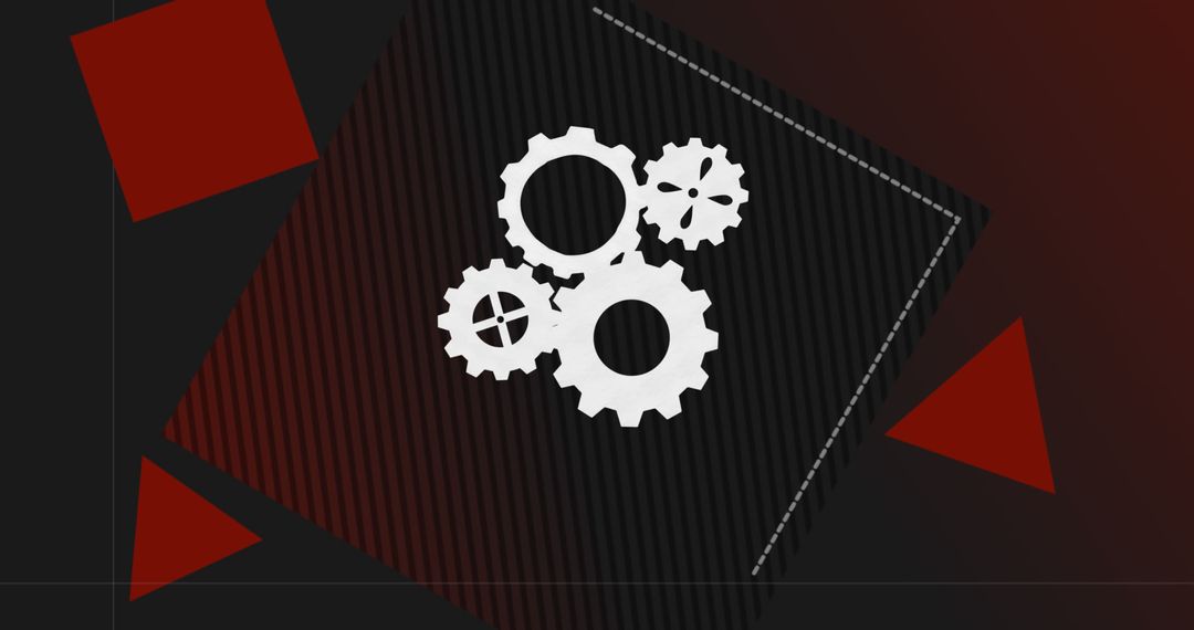 Abstract Gear Icons Spinning with Red Shapes on Black Background