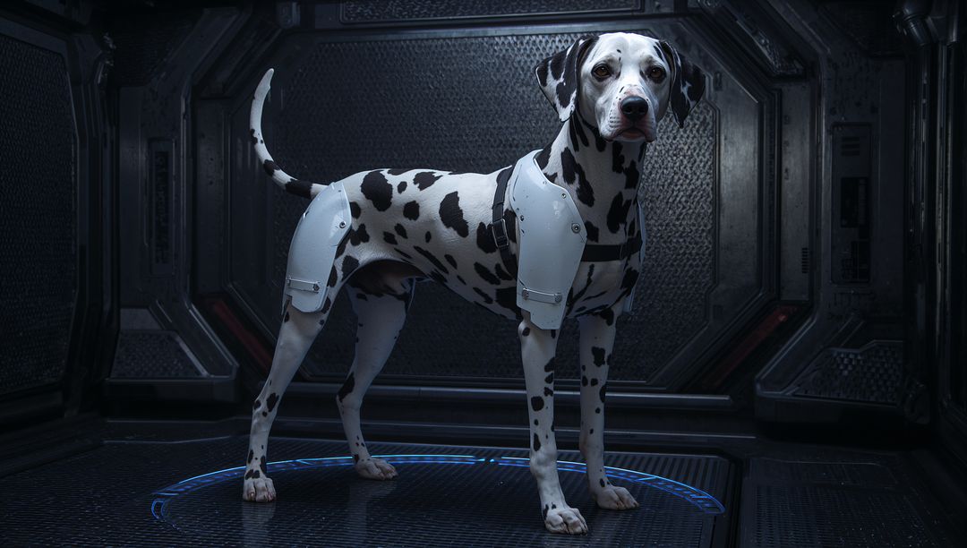 Standing Dalmatian wearing white armored exosuit inside sci-fi metallic chamber