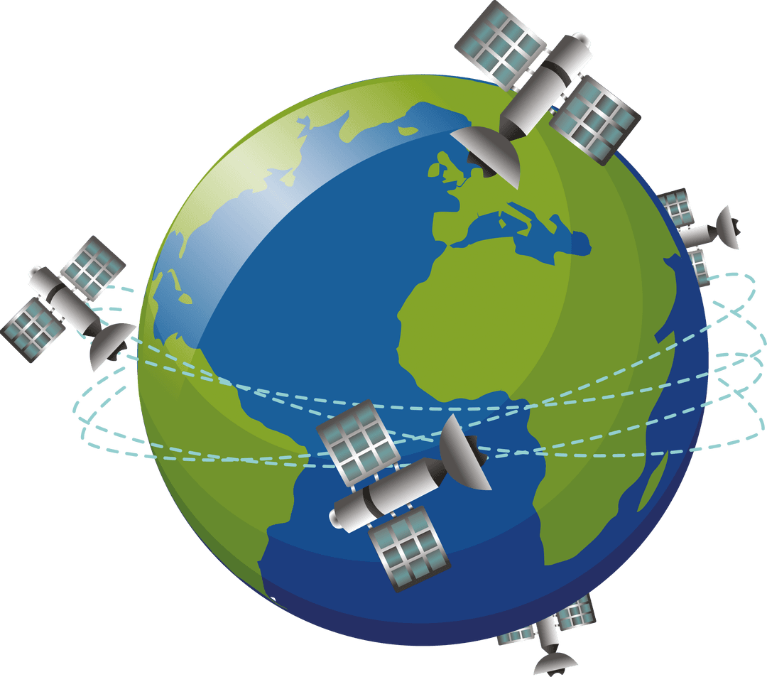 Digital Illustration of Globe and Satellites on Transparent Background