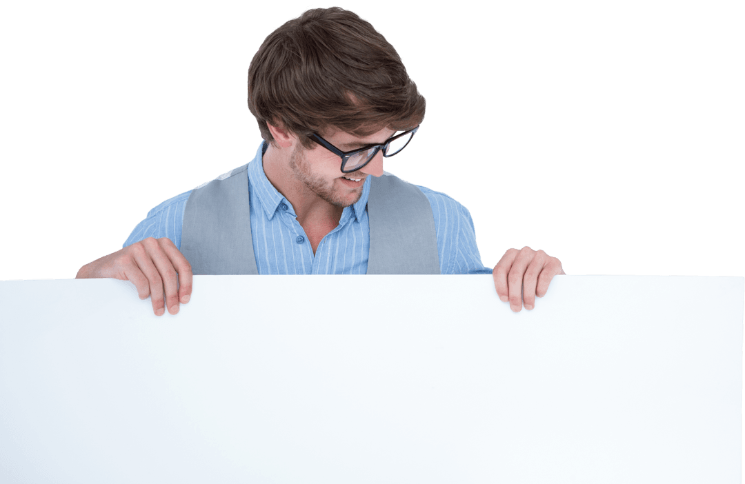 Guy in Glasses Holding Transparent White Sign Board