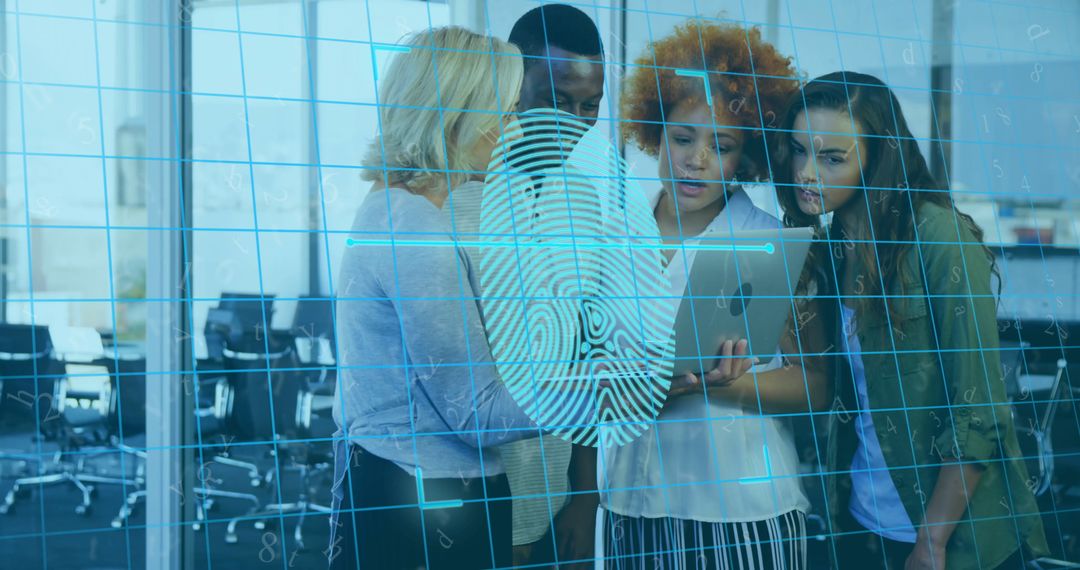 Professionals Using Tablet with Fingerprint Hologram in Office Environment