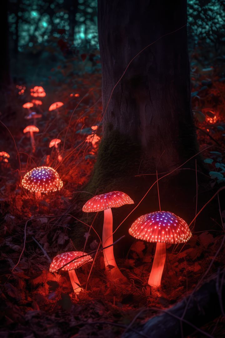 Close up of glowing mushrooms in forest created using generative ai technology - Free Images, Stock Photos and Pictures on Pikwizard.com
