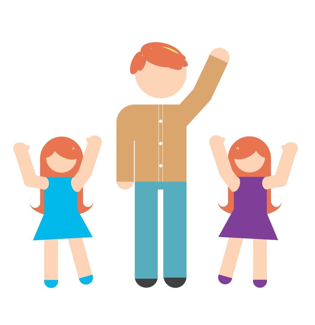 Cartoon Father and Daughters Wave on Transparent Background Family Concept
