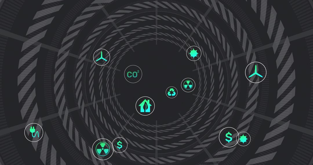 Spiral data tunnel with floating energy icons, CO2 tracking, recycling and turbine symbols