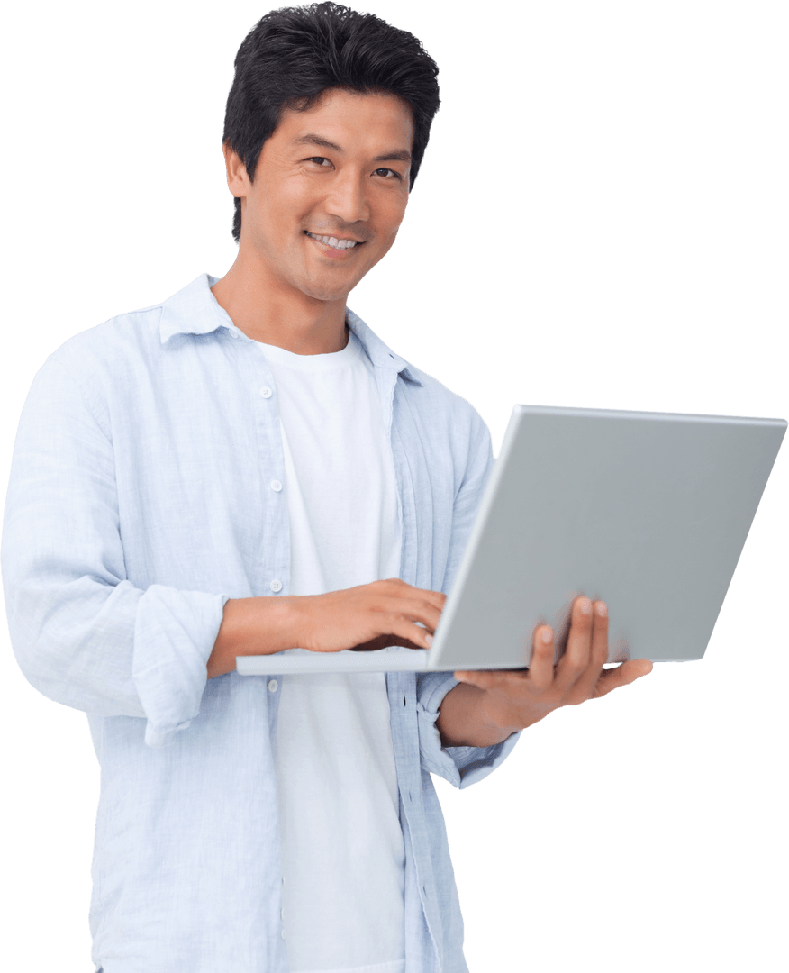 Smiling Man Using Laptop on Transparent Background
