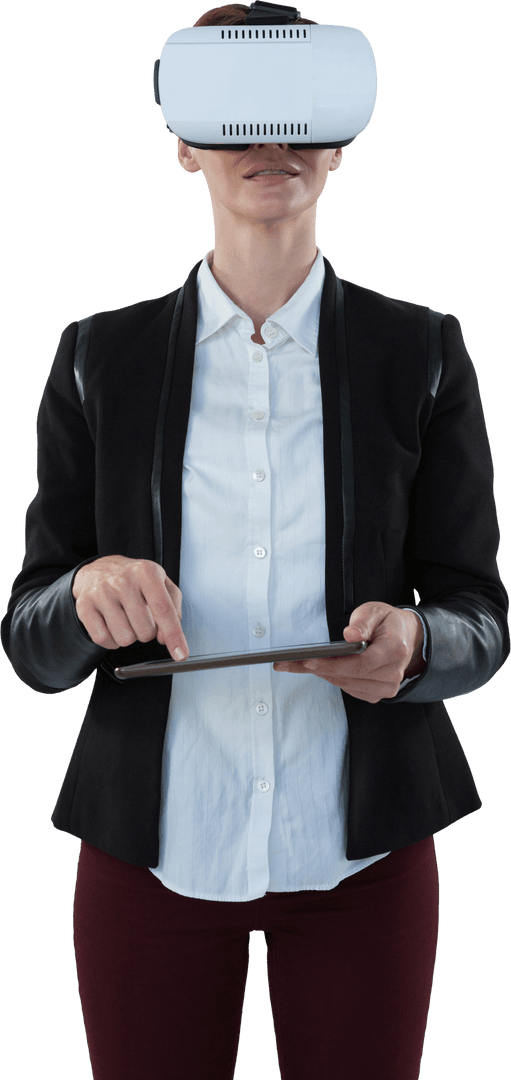 Caucasian Businesswoman Using VR Headset on Transparent Background