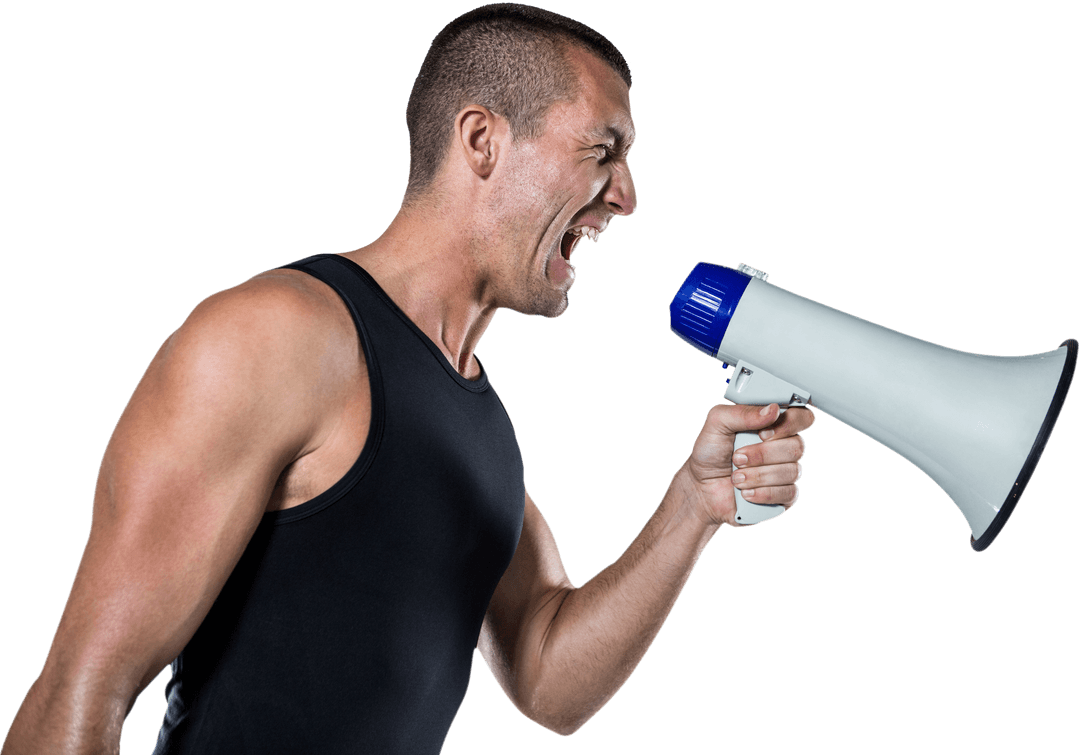 Transparent Coach Yelling Through Megaphone, Intense Expression