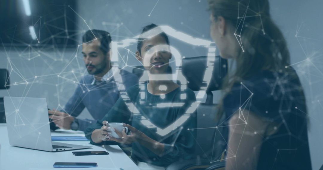 Business Meeting with Cybersecurity Icon Overlay