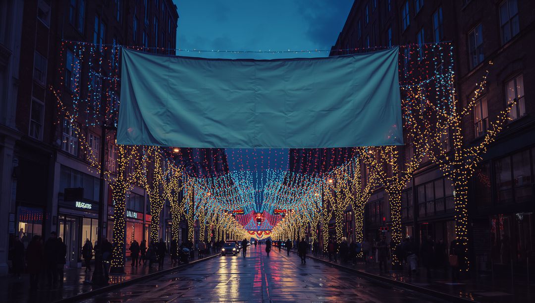 Festive Street with String Lights and Reflection at Dusk