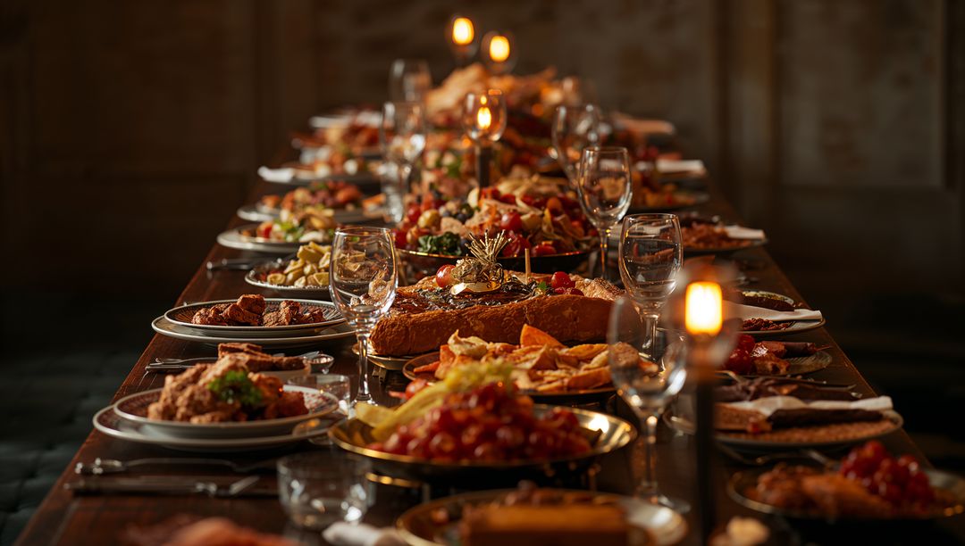 Rustic Candlelit Banquet Table Overflowing with Festive Bread, Meats and Glassware
