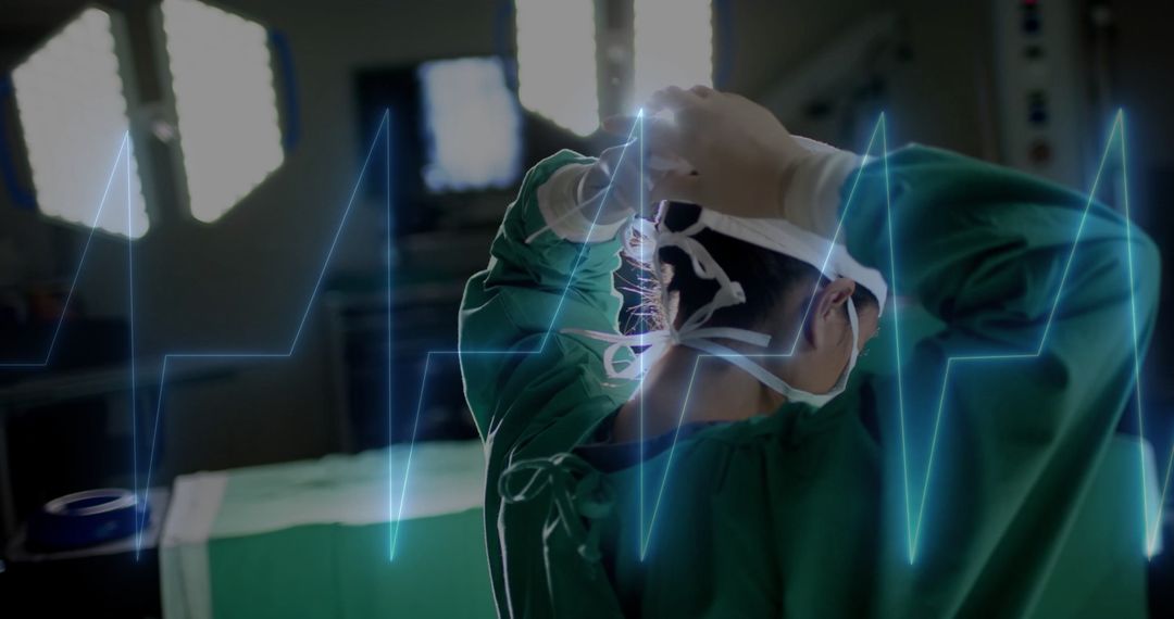 Surgeon Adjusting Cap in Operating Room with Heartbeat Overlay