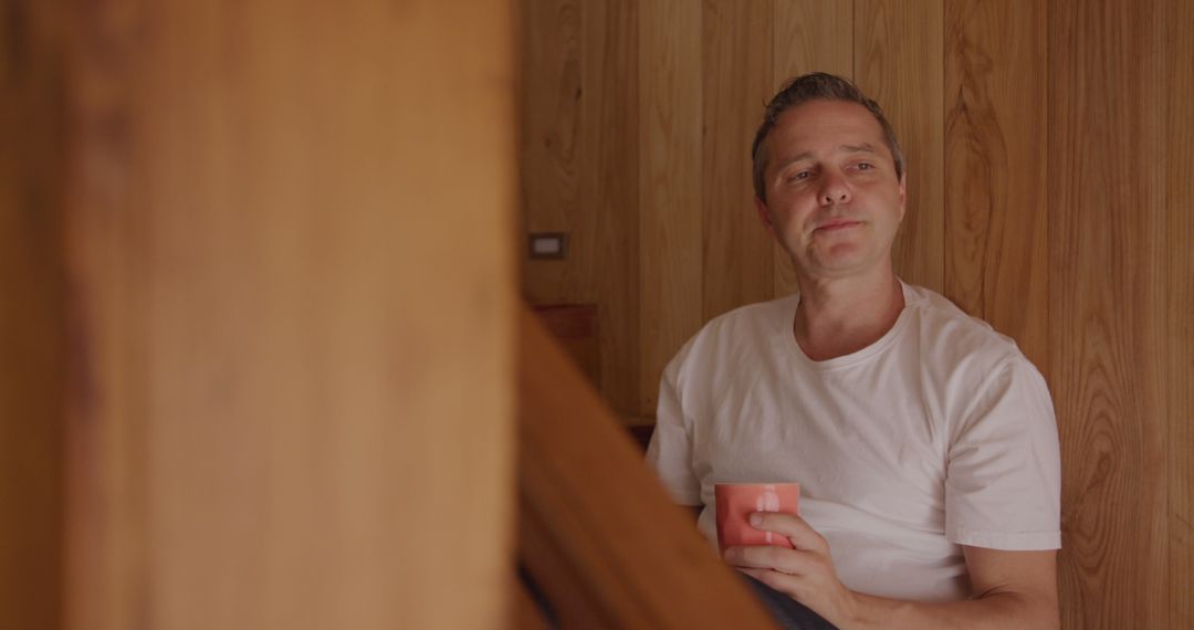 Man Relaxing with Coffee Cup Inside Wooden Home - Free Images, Stock Photos and Pictures on Pikwizard.com