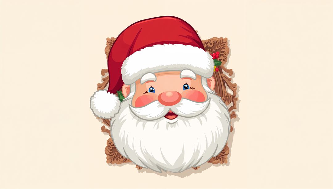 Smiling Santa Claus Portrait Wearing Red Hat and Fluffy White Beard on Beige Background