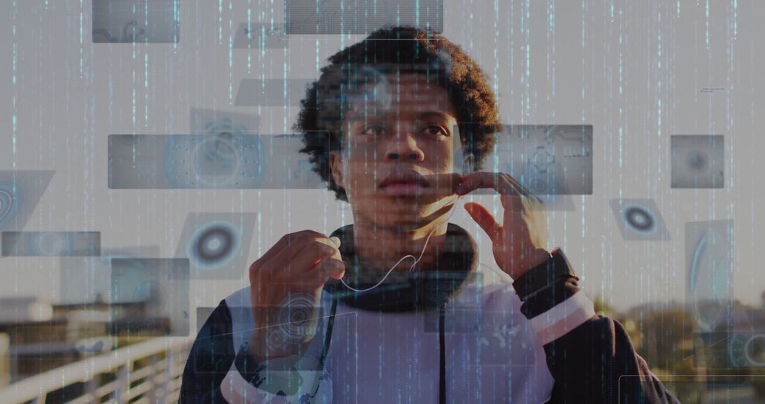 Techy Urban Runner Adjusting Earphones on Futuristic Path