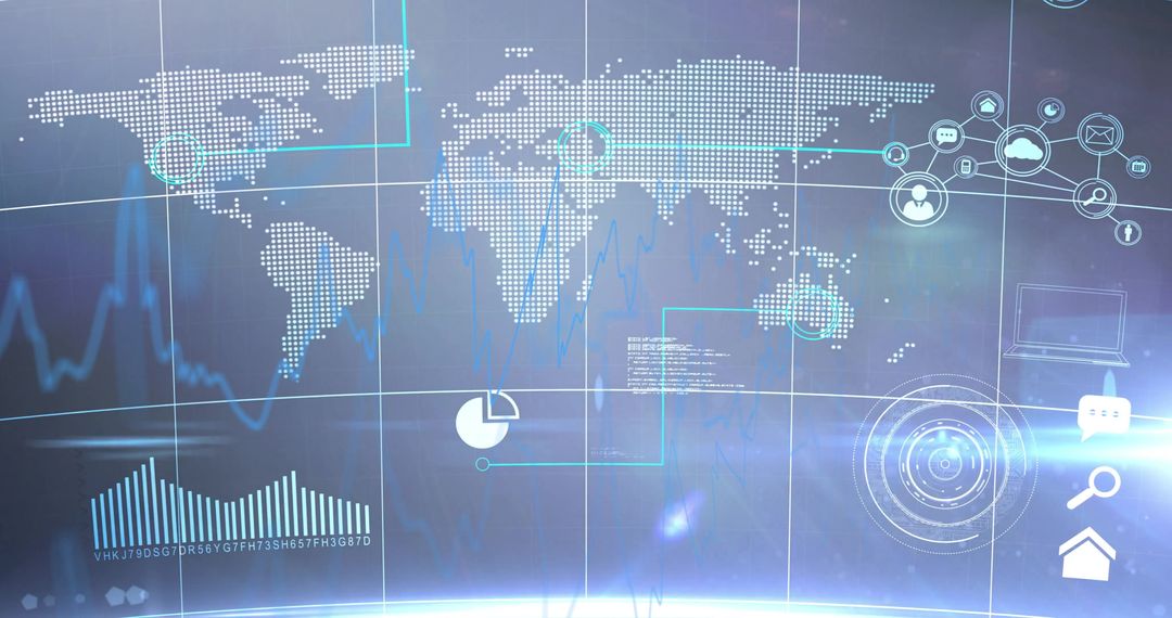 Global Technology Dashboard Interface with Analytics and Network Icons