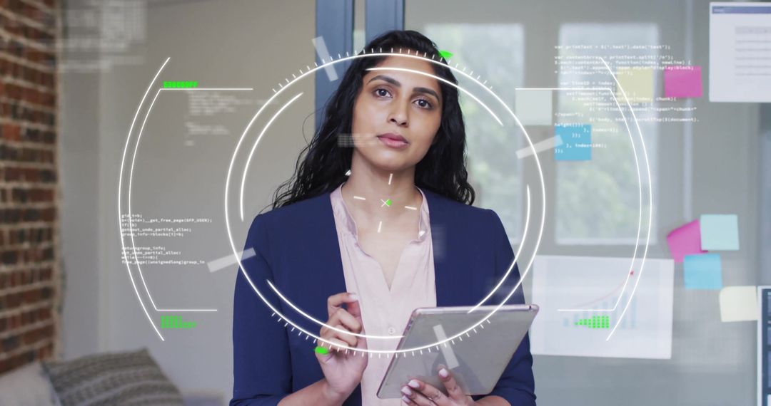 Focused Businesswoman Analyzing Data on Digital Tablet