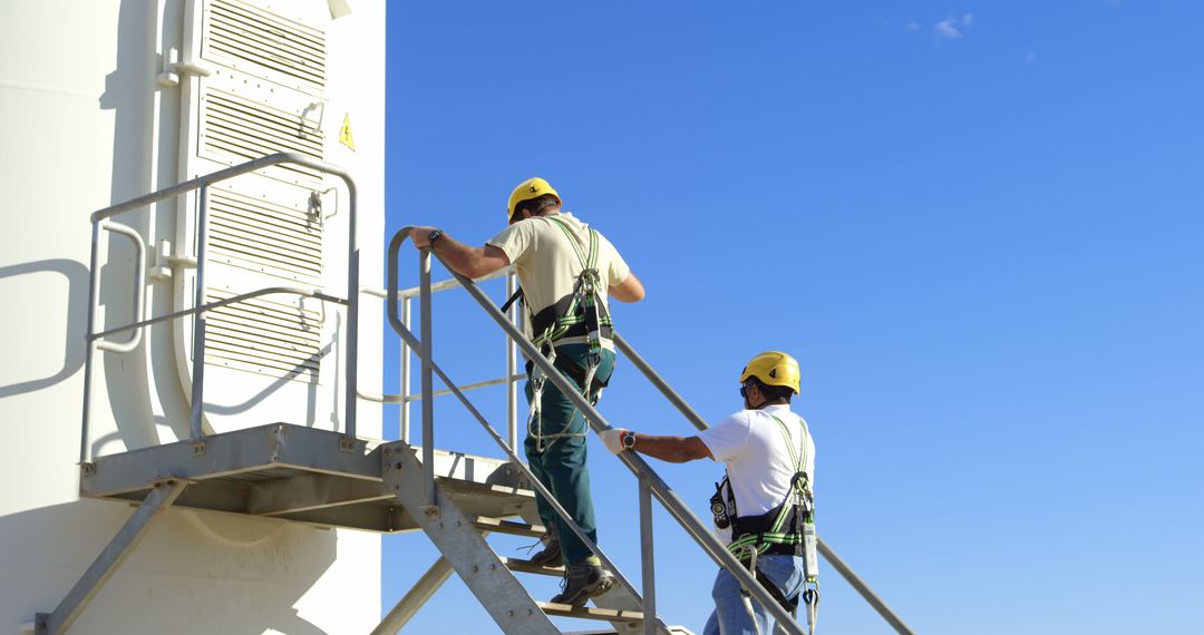 Workers Climbing Industrial Ladder with Safety Gear on Clear Day - Free Images, Stock Photos and Pictures on Pikwizard.com