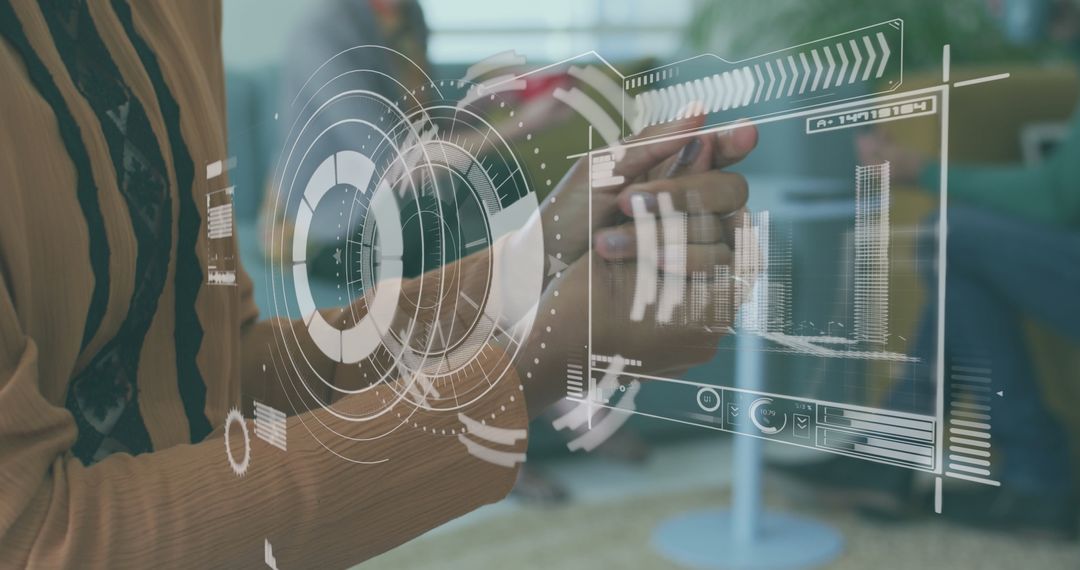 Digital Data Overlay with Woman Using Hand Sanitizer in Office