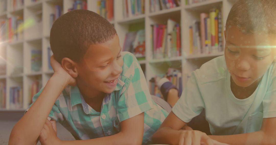 Children Reading Together in Library with Light Trails Effect