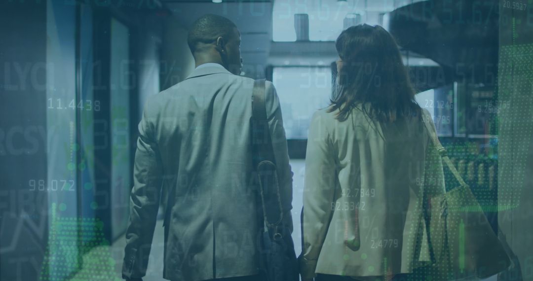 Diverse Business Professionals in Modern Office Lobby with Overlay of Financial Data