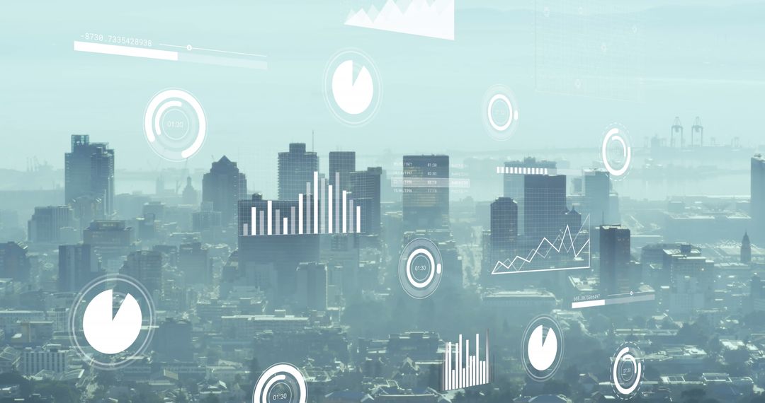 Financial Data Visualization Over Cityscape for Global Business