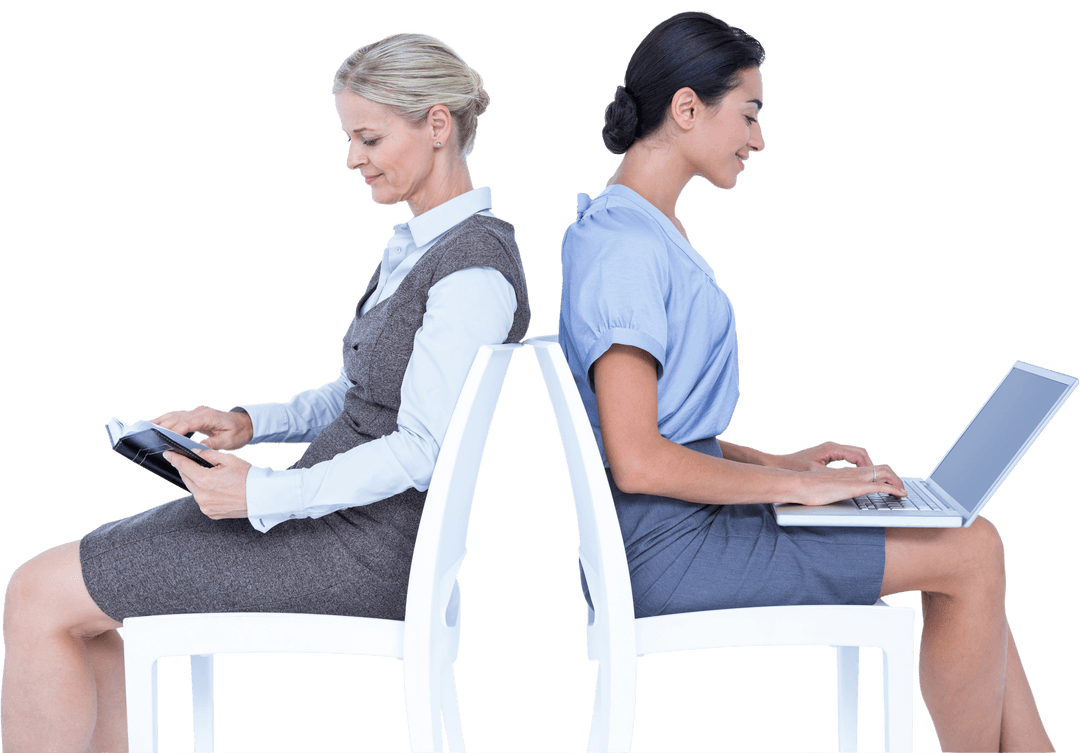 Transparent Businesswomen Back-to-Back Using Laptop