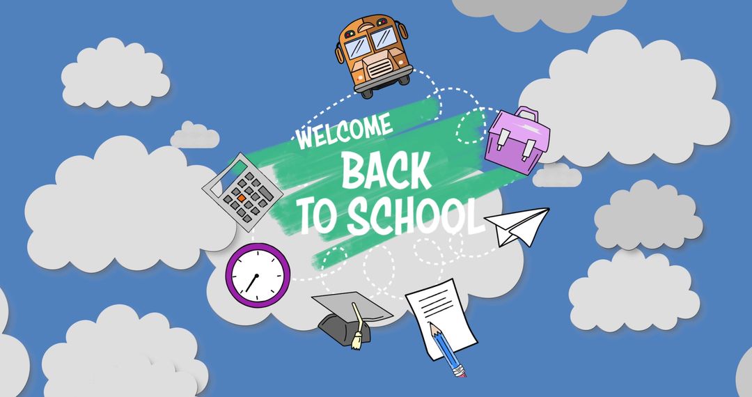 Welcome Back to School Illustration with Supplies and Bus on Cloudy Background