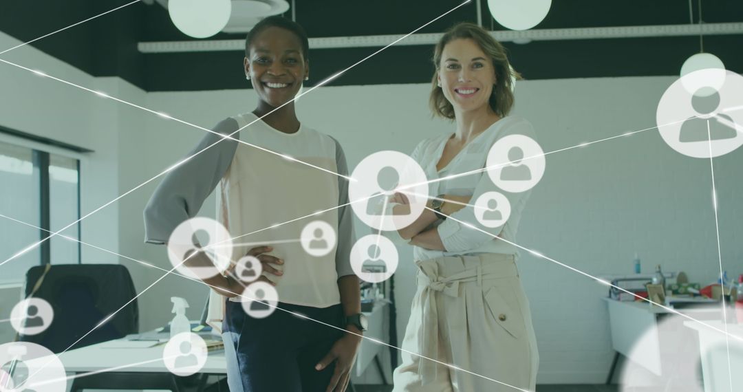 Smiling Diverse Coworkers in Modern Office with Digital Connection Overlay