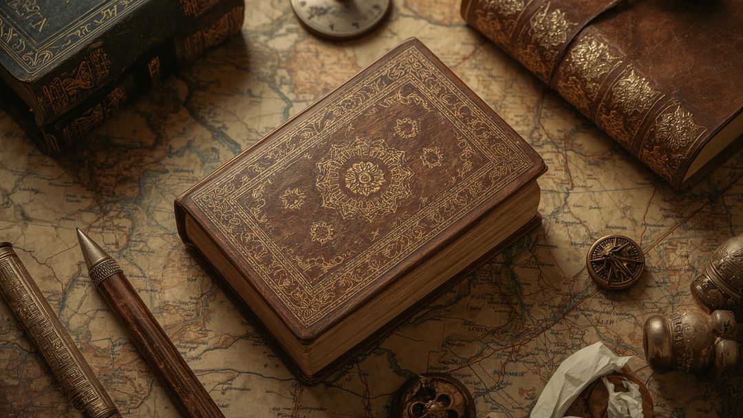 Vintage Explorer Scene with Ornate Book and Navigation Tools