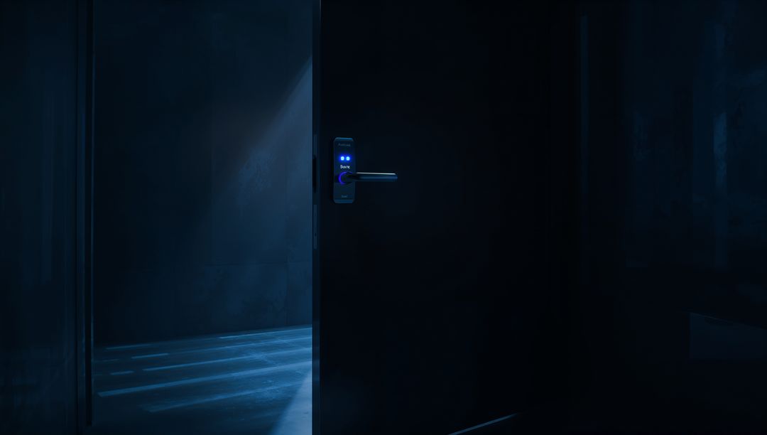 Ajar Smart Door Casting Blue Cinematic Light Across Floor with Illuminated Keypad