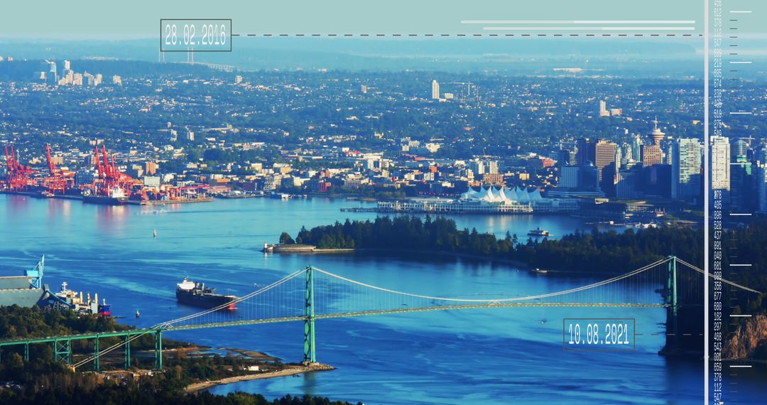 Futuristic Data Interface Over Cityscape and Bridge View