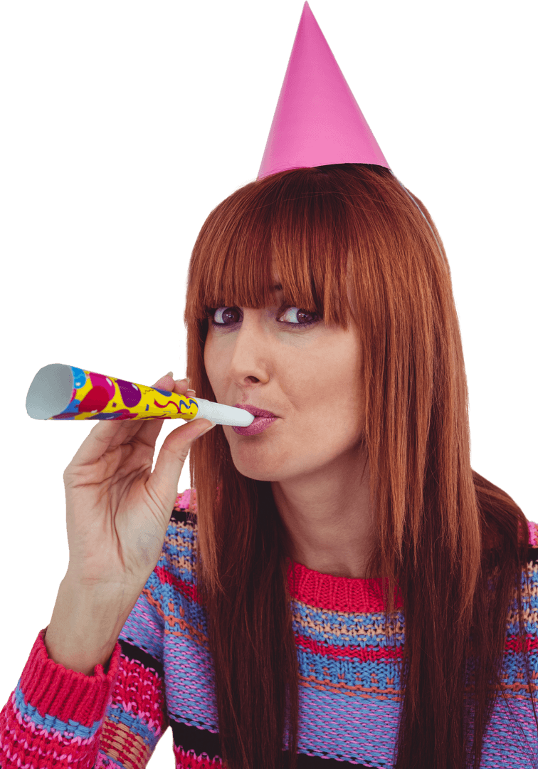 Transparent Party Celebration with Enthusiastic Redhead Woman and Party Hat