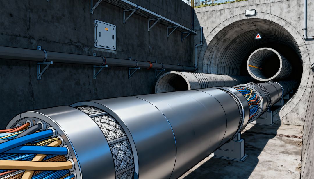 Running Segmented Utility Cable Through Underground Tunnel With Exposed Braided Shielding