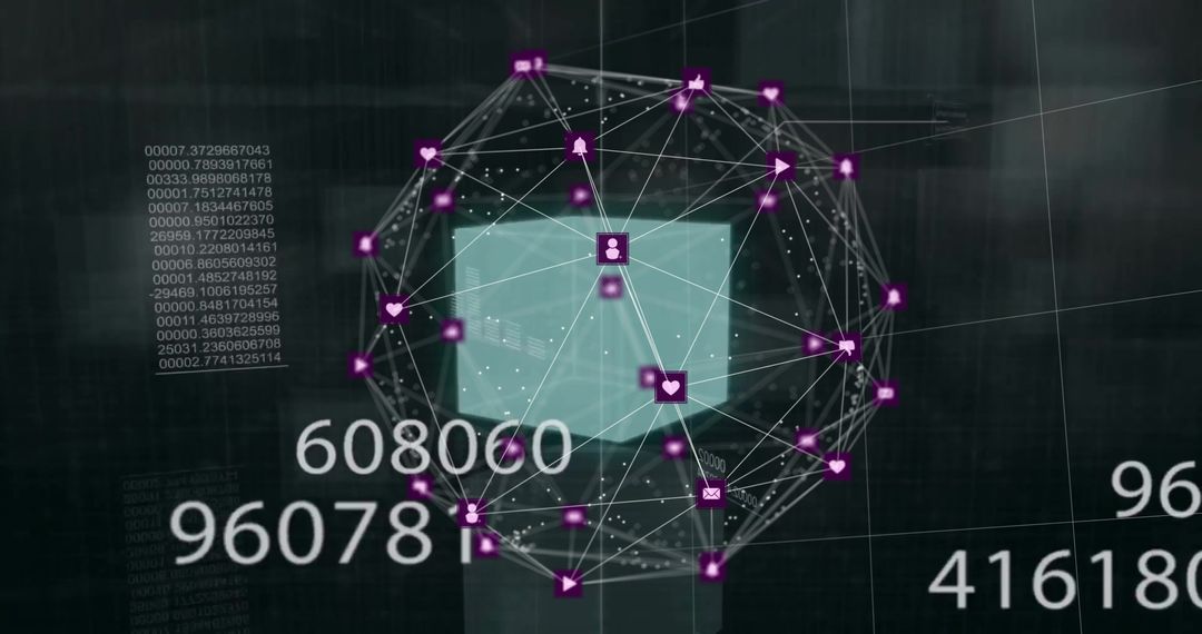 Digital Network Interface with Data Processing and Connectivity Icons