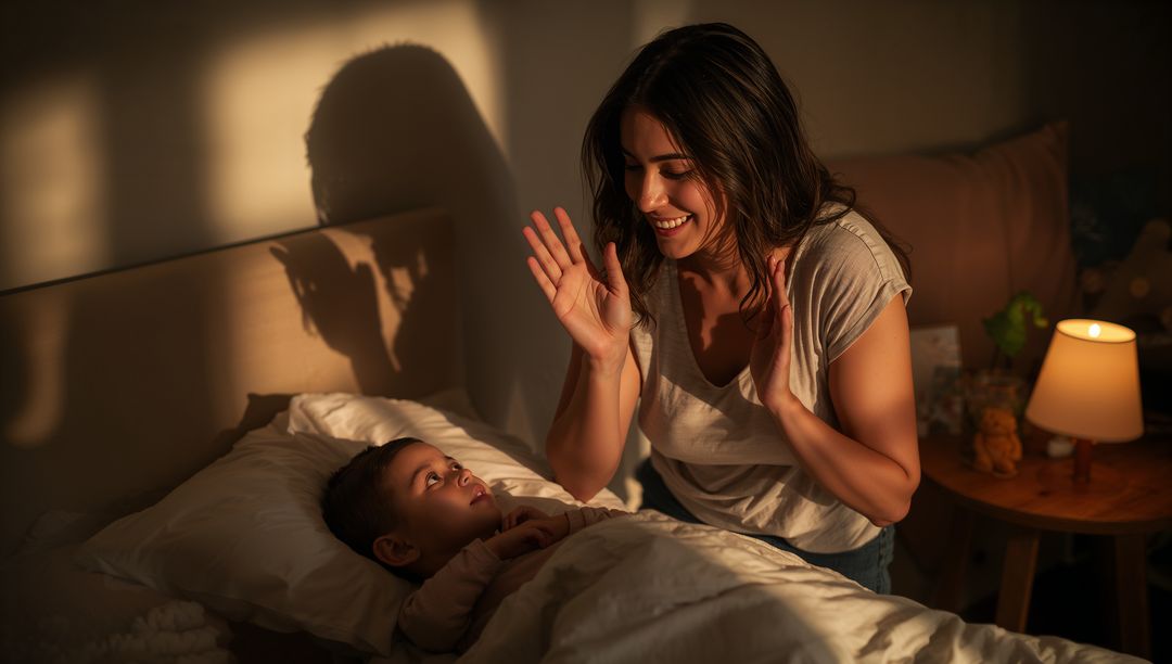 Mother Creating Playful Shadows with Child in Cozy Bedroom