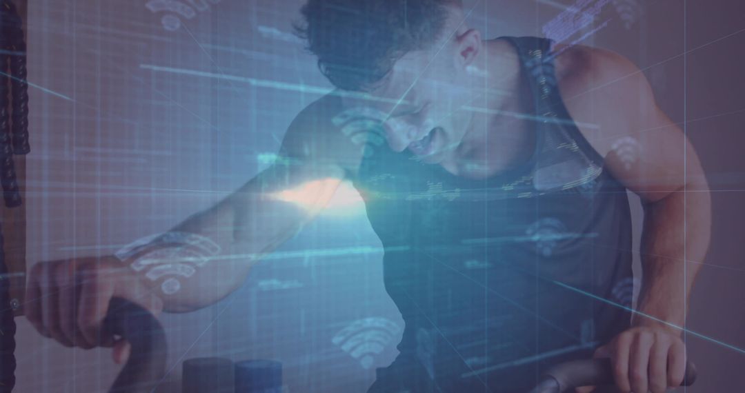 Man on Stationary Bike with Futuristic Fitness Technology Overlays