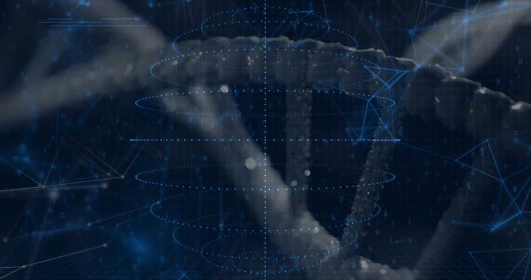 Rotating DNA Double Helix Displaying Neon Data Rings and Glowing Nodes on Dark Grid Wireframe