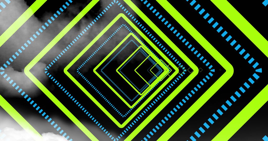 Neon Diamond Tunnel Creating Futuristic Depth with Lime Glow and Cyan Dashed Geometry