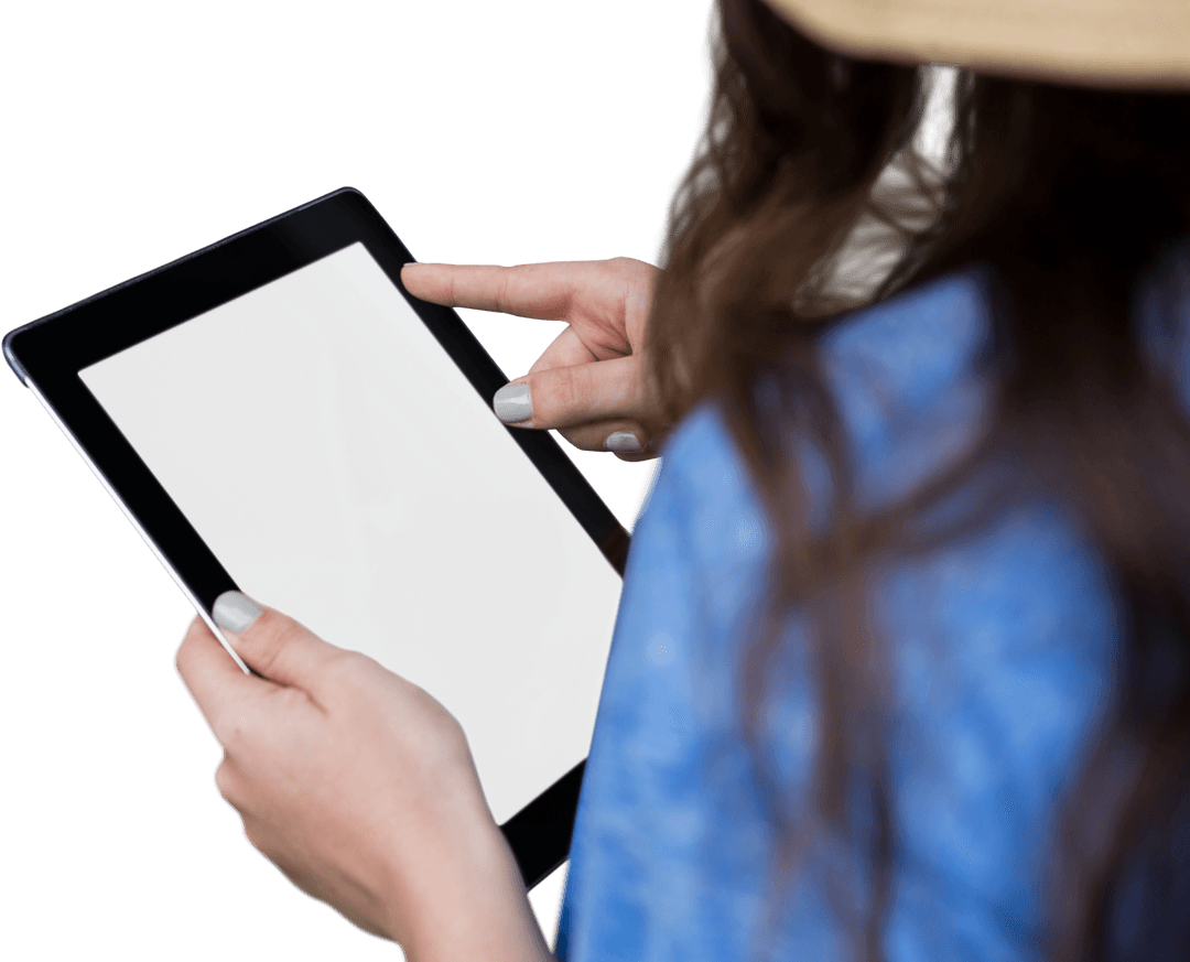 Woman Using Tablet on Transparent Background for Lifestyle Concept