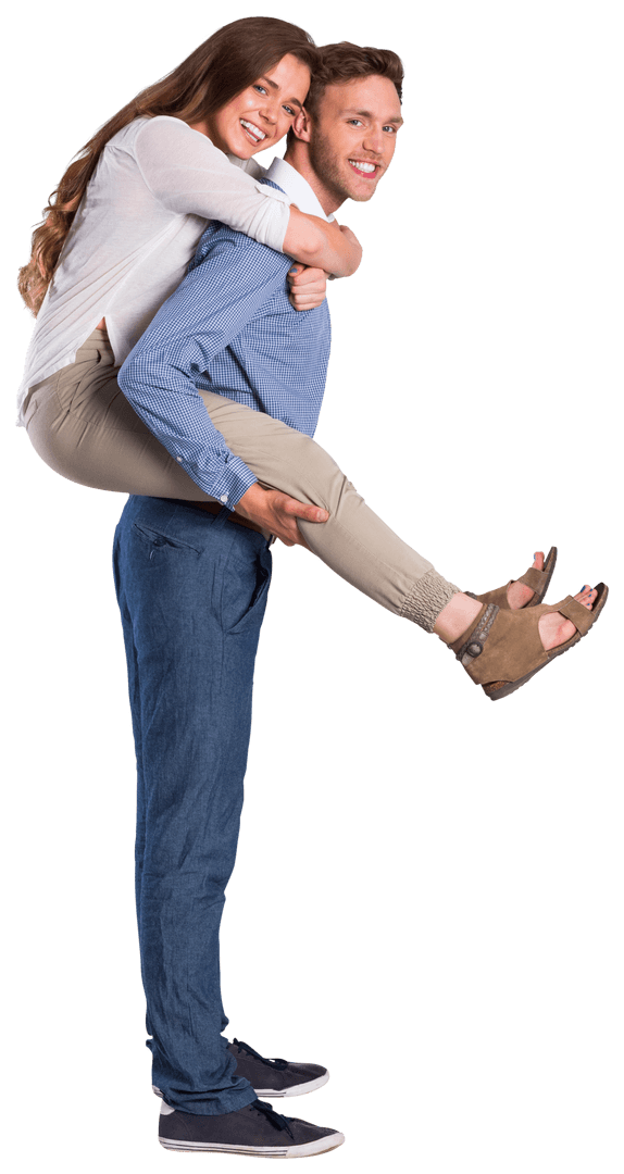 Smiling Couple in Happy Piggyback Pose Isolated on Transparent Background