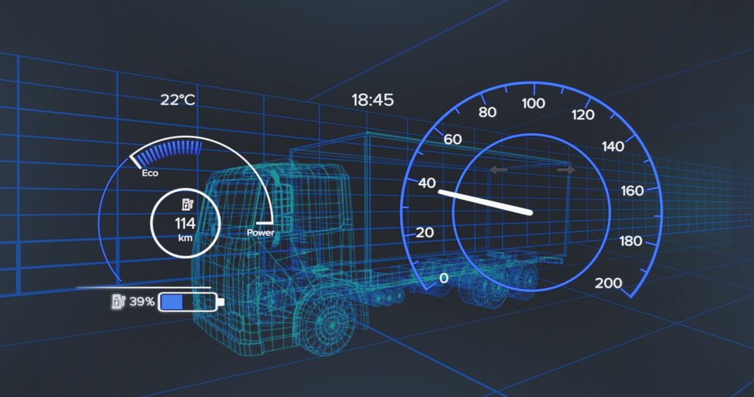 Digital Interface Displaying Vehicle and Data Metrics Over Black Background