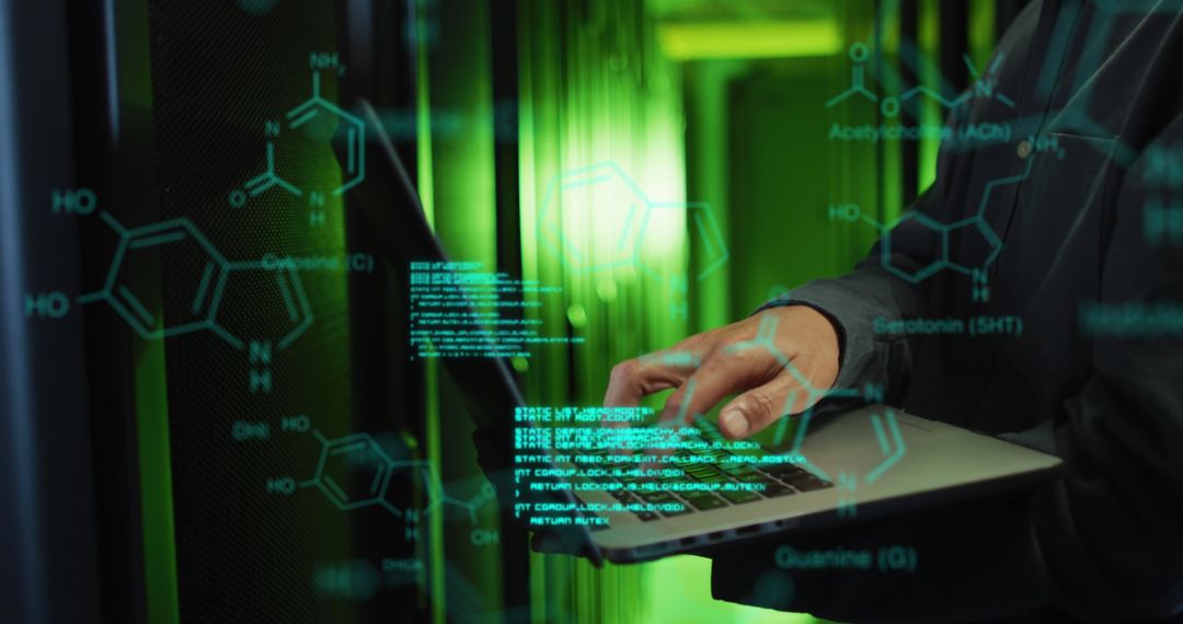 Engineer Analyzing Medical Data with Laptop in Server Room Conceptual