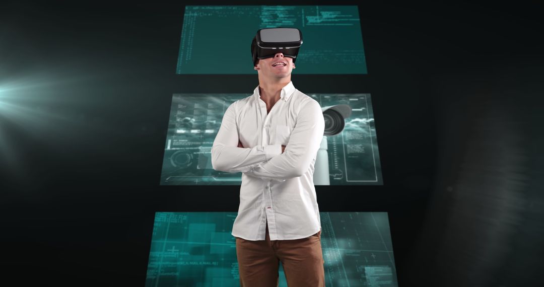 Businessman Experiencing Virtual Reality with Digital Screens