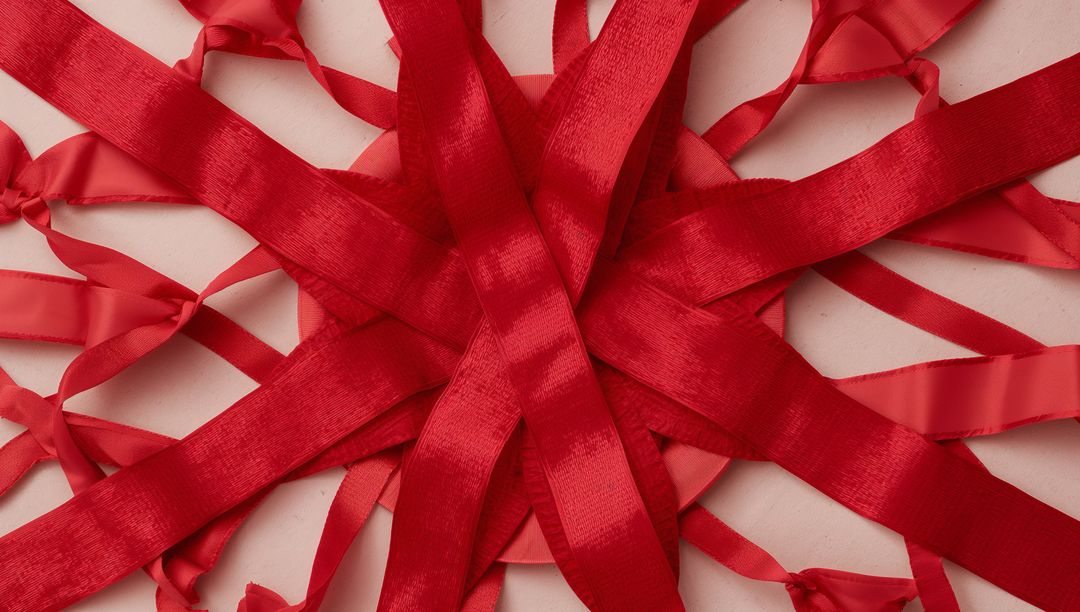 Red Satin Ribbon Starburst on Pale Surface with Loose Loops and Textured Strips