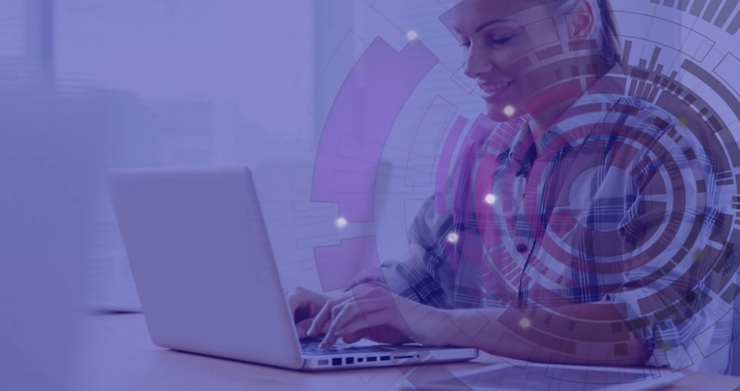 Businesswoman Engaging with Virtual Data Interface on Laptop