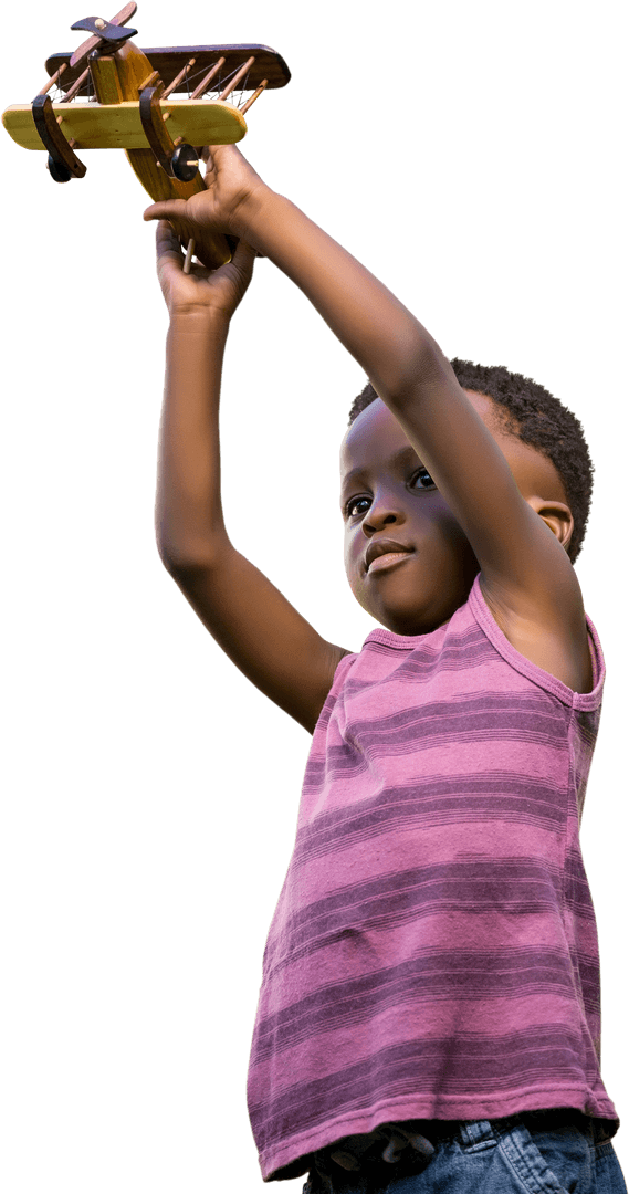 Joyful Boy with Toy Airplane Raising Creativity in Transparent Background